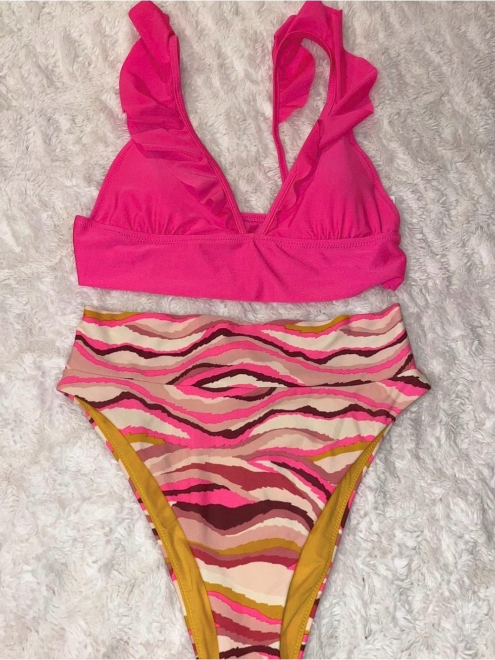 aerie Hot Pink Ruffle Bikini Top Medium Pink Zebra-Print High Waist Bottom Small